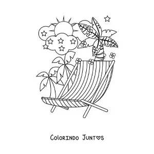 Desenho para colorir de uma cadeira de praia e uma paisagem de verao