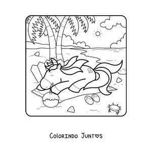 Desenho para colorir de um unicornio descansando em uma praia