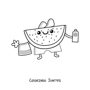 Desenho para colorir de uma melancia animada de verão com uma toalha e protetor solar