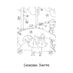Desenho para colorir de uma raposa em uma floresta de outono