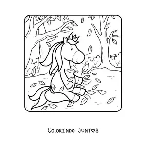 Desenho para colorir de um unicornio brincando com folhas de outono