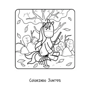 Desenho para colorir de um unicornio animado varrendo folhas de outono