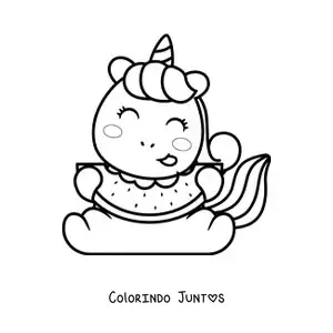 Desenho para colorir de um unicórnio animado sentado comendo uma melancia