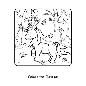 Desenho para colorir de um unicornio animado em uma floresta de outono