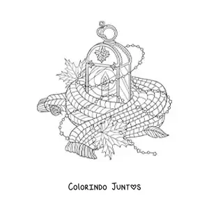 Desenho para colorir de um cachecol e folhas secas junto a uma lanterna como elementos do outono
