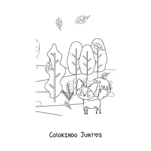 Desenho para colorir de uma raposa e uma paisagem de outono