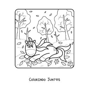 Desenho para colorir de um unicornio entre varias folhas secas caidas