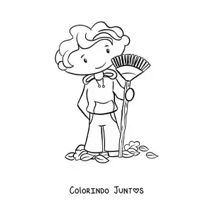 Desenho para colorir de um menino varrendo folhas secas