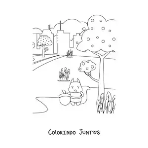 Desenho para colorir de um esquilo em uma paisagem outonal