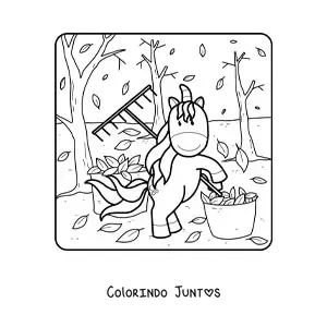 Desenho para colorir de um unicornio e varias folhas de outono