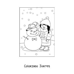 Desenho para colorir de uma menina no inverno com um boneco de neve