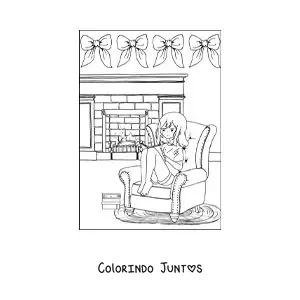Desenho para colorir de uma menina sentada junto a lareira no inverno
