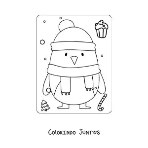 Desenho para colorir de um pinguim kawaii no inverno