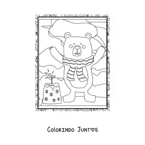 Desenho para colorir de um urso animado no inverno