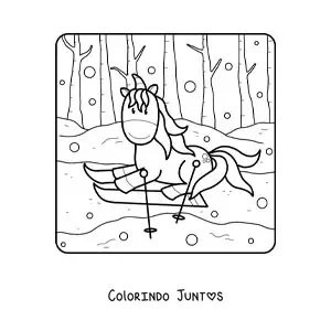 Desenho para colorir de um unicórnio animado esquiando no inverno