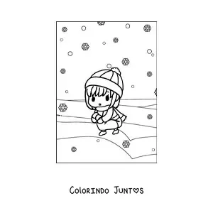 Desenho para colorir de uma menina kawaii brincando na neve