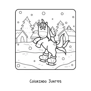 Desenho para colorir de um unicórnio patinando no gelo no inverno