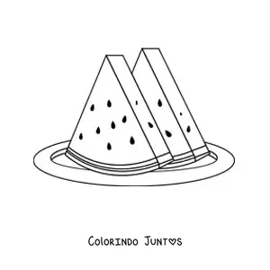 Desenho para colorir de dois pedaços de melancia sobre um prato