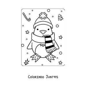 Desenho para colorir de um pinguim kawaii com cachecol no inverno