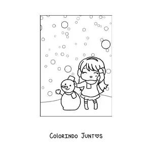 Desenho para colorir de uma menina kawaii em uma nevasca com um boneco de neve