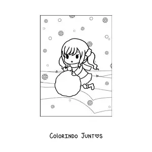 Desenho para colorir de uma menina kawaii com uma bola de neve gigante