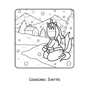 Desenho para colorir de um unicórnio animado em uma paisagem de inverno