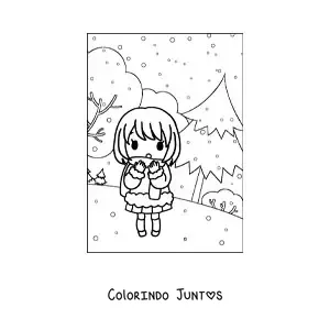 Desenho para colorir de uma menina kawaii em uma paisagem de inverno