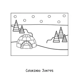 Desenho para colorir de uma paisagem nevada com um iglu