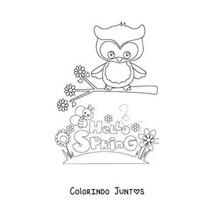 Desenho para colorir de uma coruja e uma abelha ao lado da palavra spring