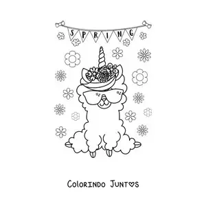 Desenho para colorir de uma lhama kawaii ao lado da palavra spring