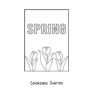 Desenho para colorir de várias tulipas e a palavra spring