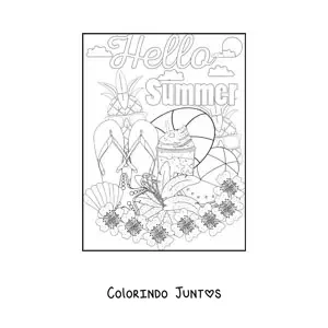 Desenho para colorir de vários elementos do verão e a palavra summer