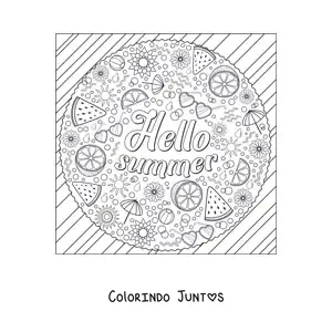 Desenho para colorir de vários elementos do verão ao lado da palavra summer