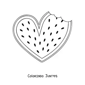 Desenho para colorir de uma melancia em formato de coração mordida de um lado