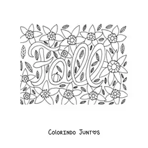 Desenho para colorir da palavra fall rodeada de flores e folhas