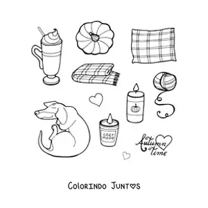 Desenho para colorir de vários elementos de outono e a palavra autumn