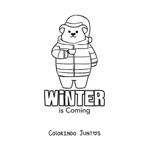 Desenho para colorir de um urso animado agasalhado e a palavra winter