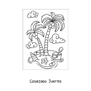 Desenho para colorir de uma praia com palmeiras