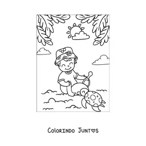 Desenho para colorir de um menino brincando com uma tartaruga na praia