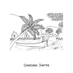 Desenho para colorir de uma baía tropical com palmeiras