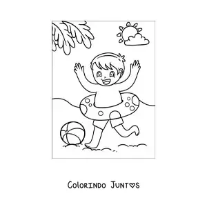 Desenho para colorir de um menino brincando na praia com uma bola e uma boia salva-vidas
