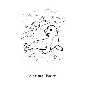 Desenho para colorir de uma foca na beira da praia