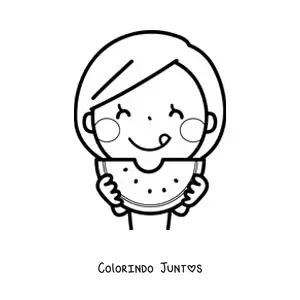 Desenho para colorir de uma menina comendo uma melancia com as duas mãos