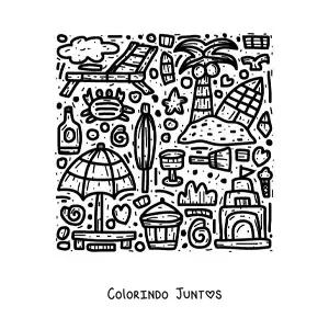 Desenho para colorir de brinquedos, acessórios, plantas, animais e utensílios para a praia