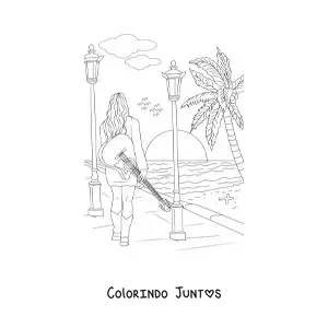 Desenho para colorir de uma garota caminhando em um passeio à beira da praia