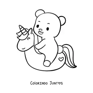 Desenho para colorir de um urso kawaii sobre uma boia em formato de unicórnio