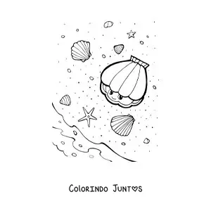 Desenho para colorir de várias conchas marinhas na beira da praia