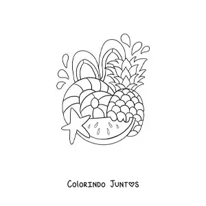 Desenho para colorir de várias frutas e acessórios de praia