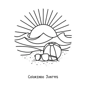 Desenho para colorir de um pôr do sol na praia com uma bola na areia