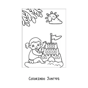 Desenho para colorir de uma menina brincando com um castelo de areia